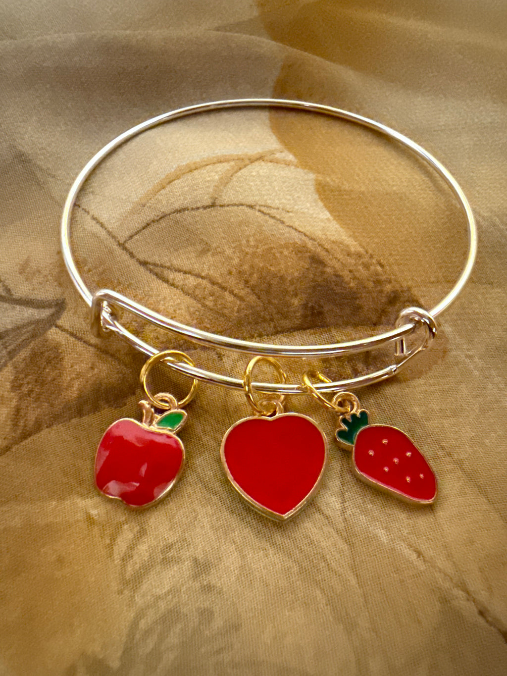 Sweet Strawberry & Heart Charm Bangle