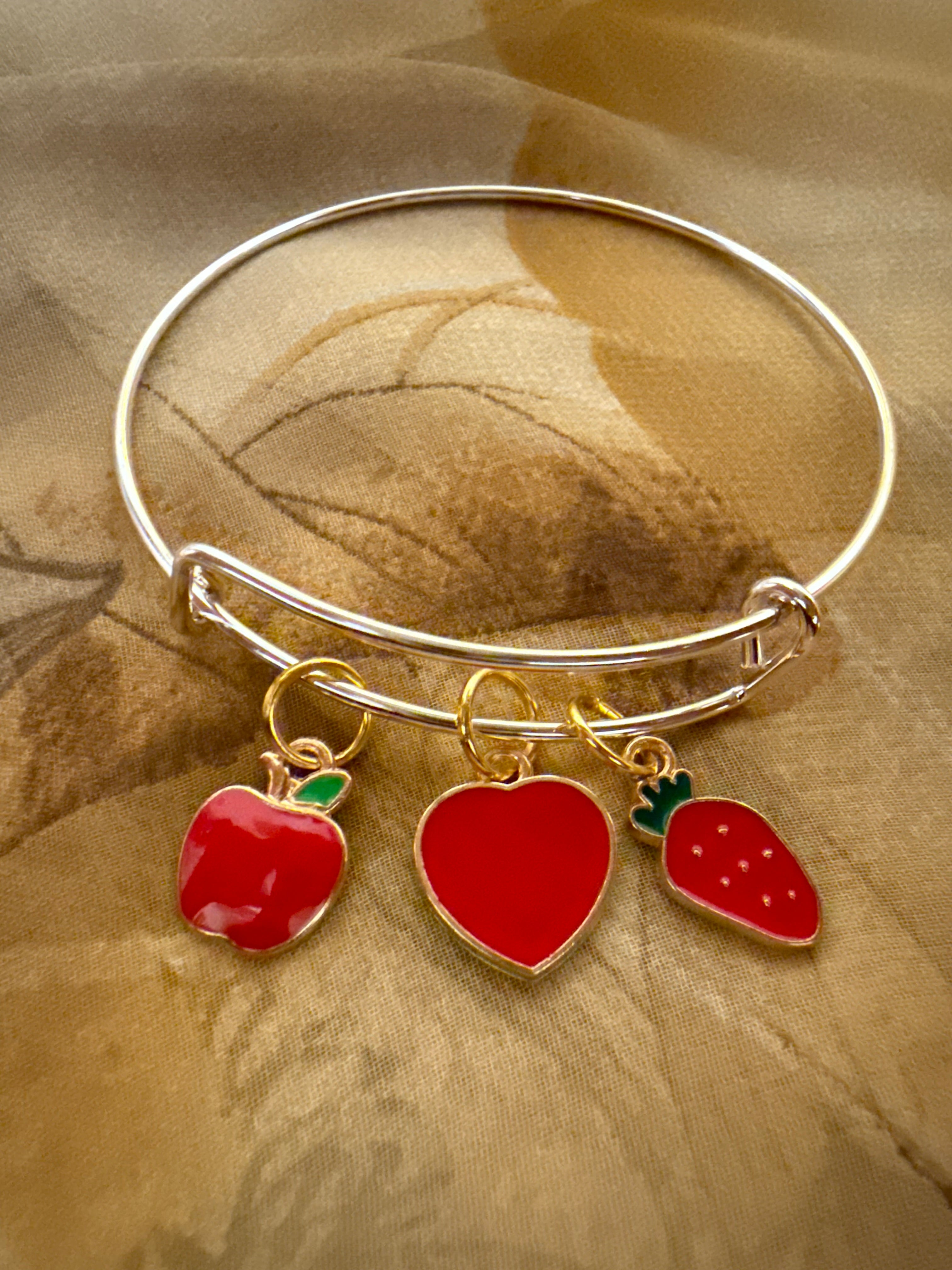 Sweet Strawberry & Heart Charm Bangle