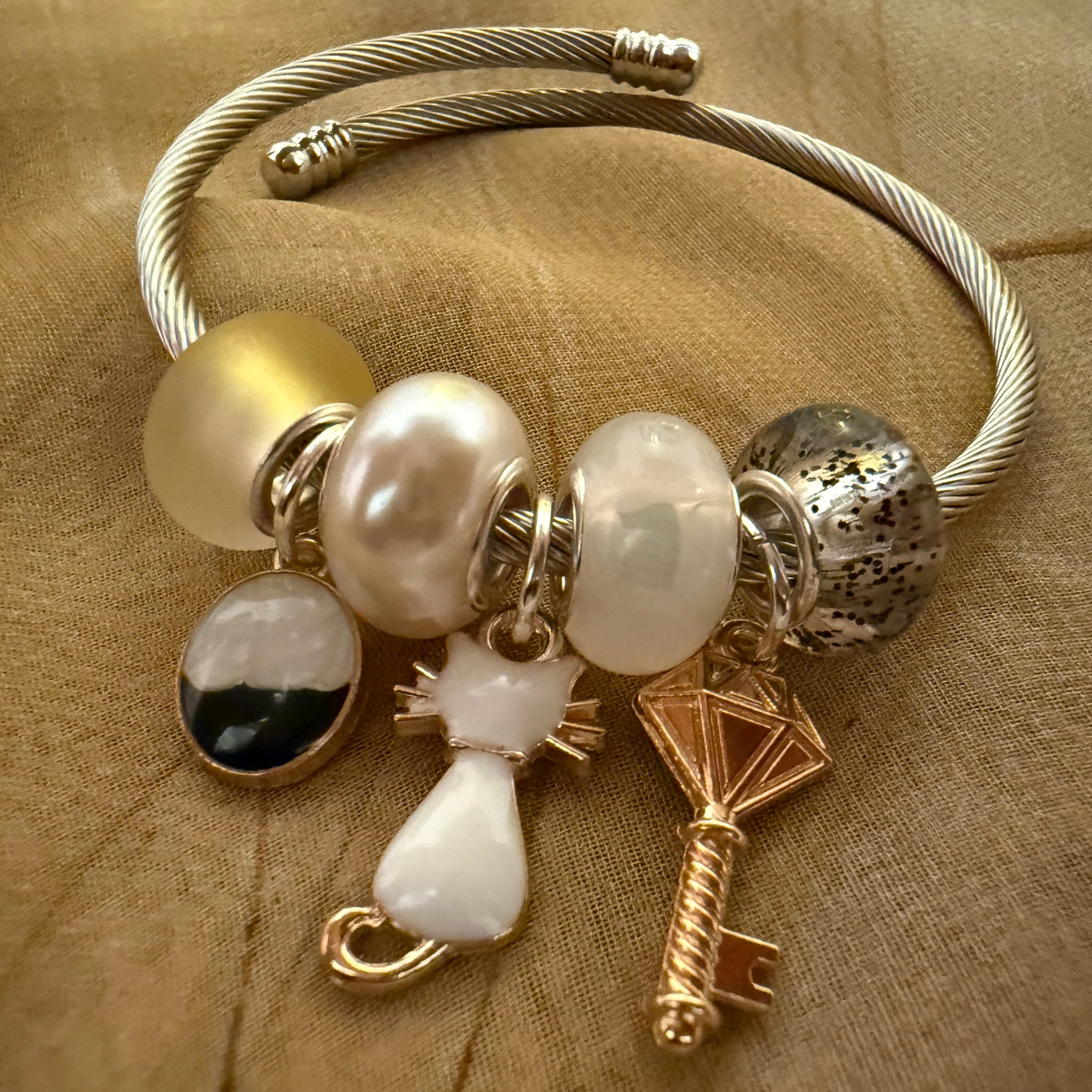 Pearls & Keys Charm Bangle