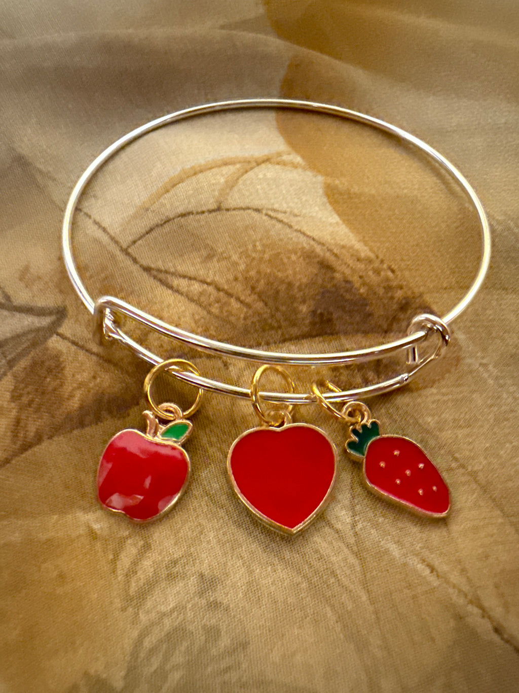 Sweet Strawberry & Heart Charm Bangle