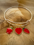 Sweet Strawberry & Heart Charm Bangle