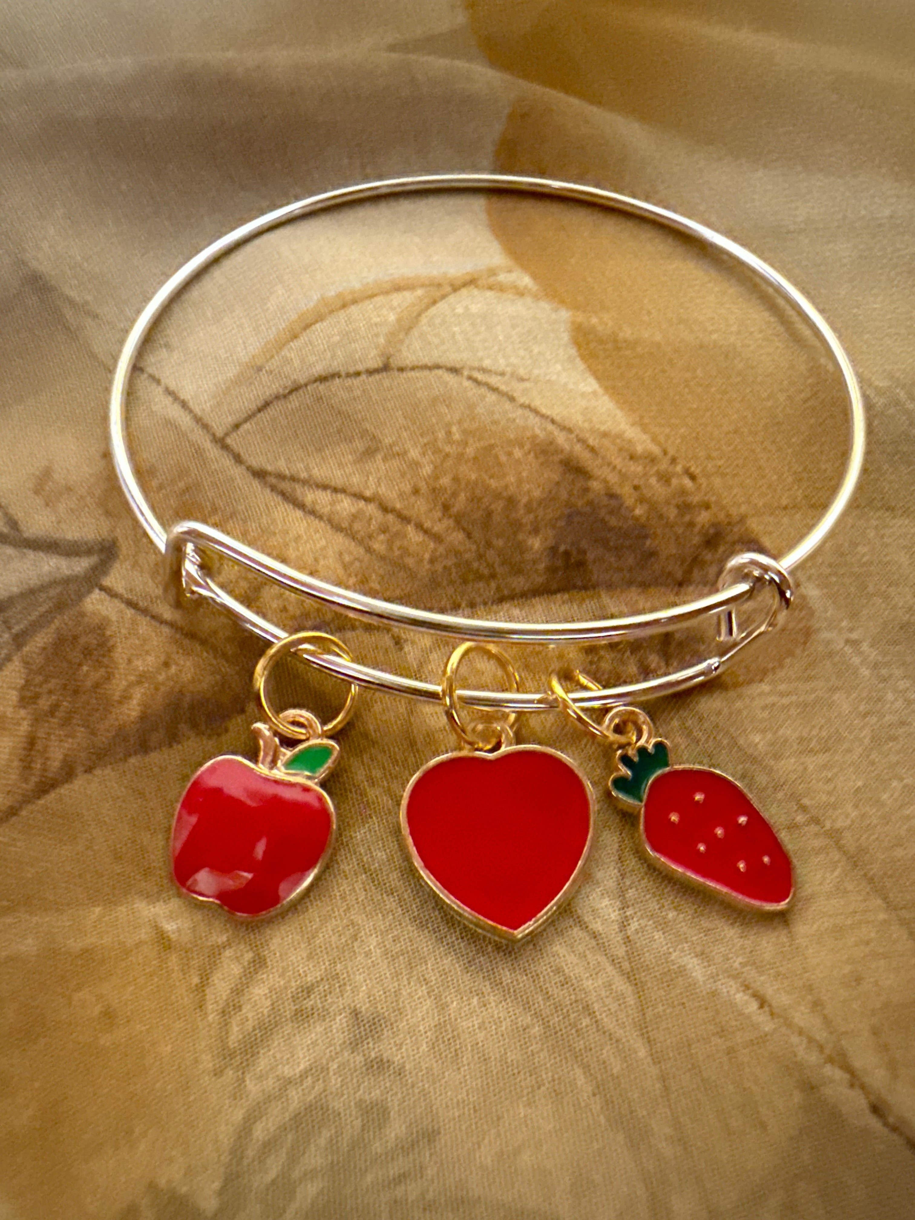 Sweet Strawberry & Heart Charm Bangle
