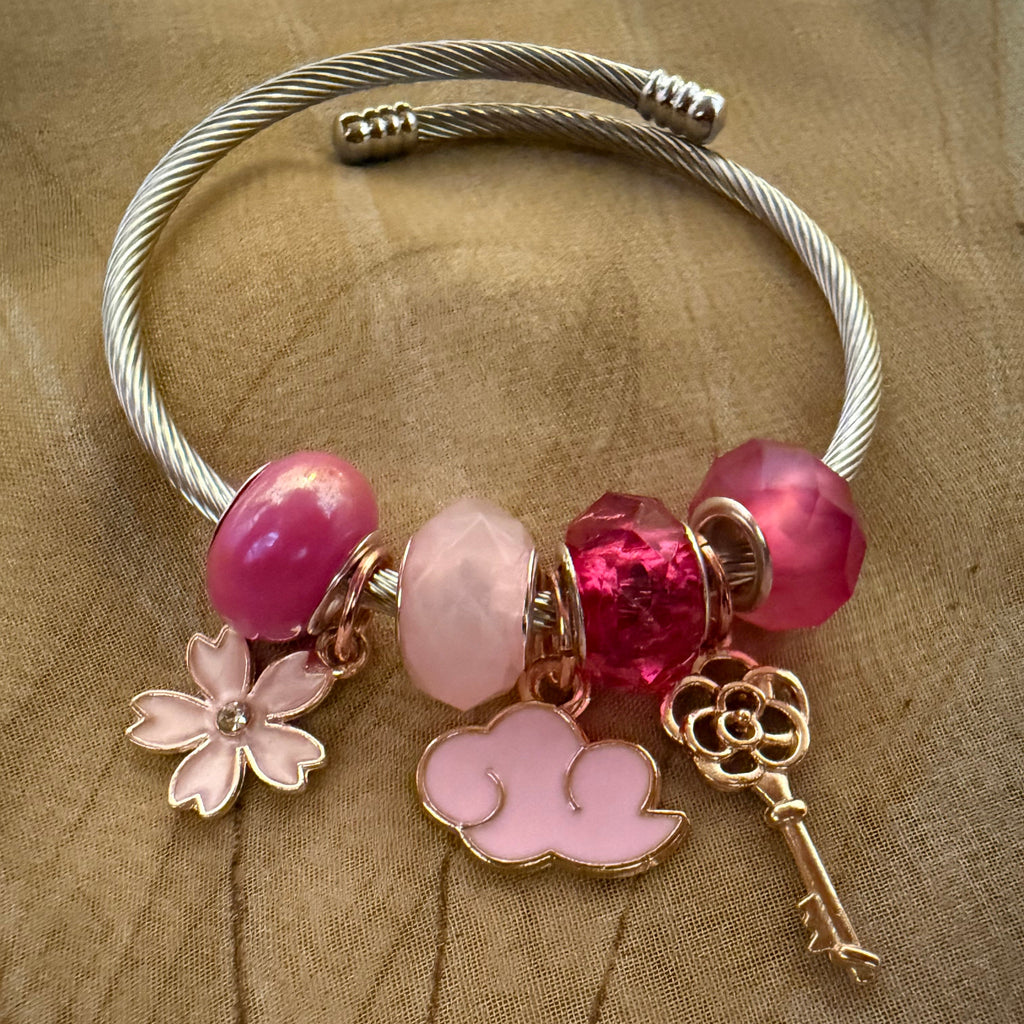 Pink Blossom & Key Charm Bangle