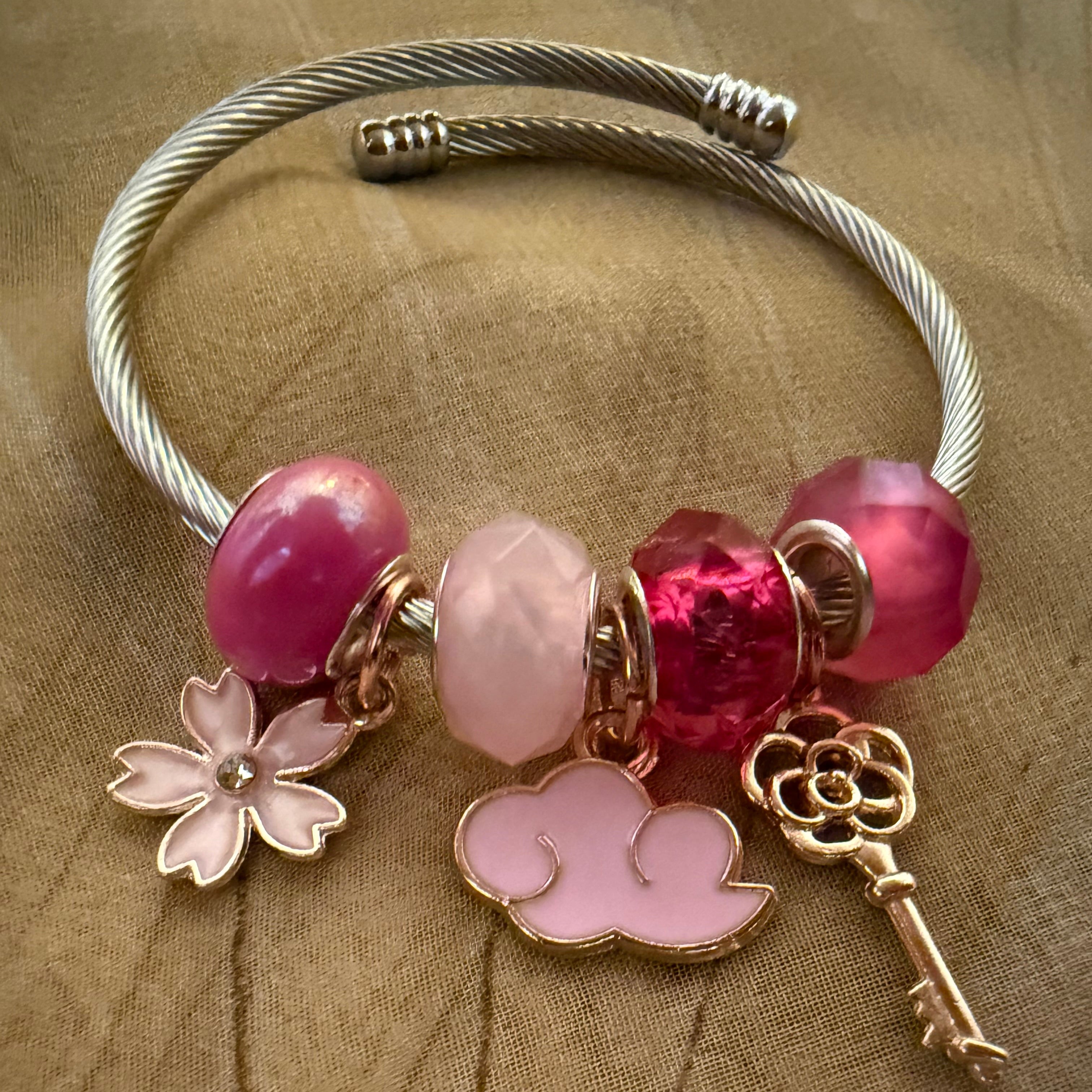 Pink Blossom & Key Charm Bangle