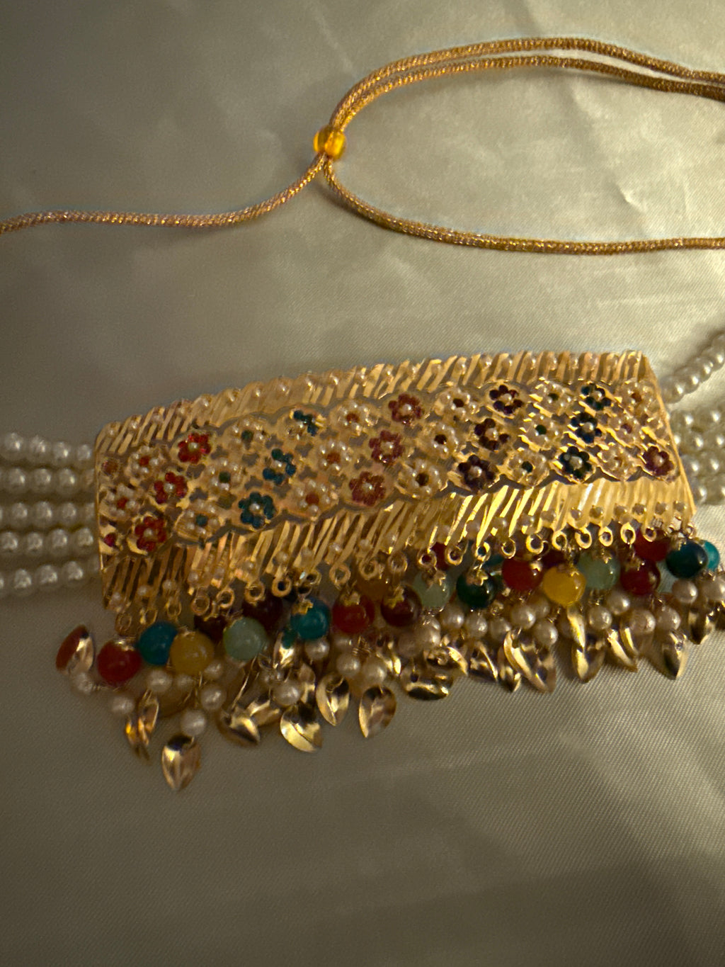 Gold Statement Necklace with Pearl & Colorful Bead Accents