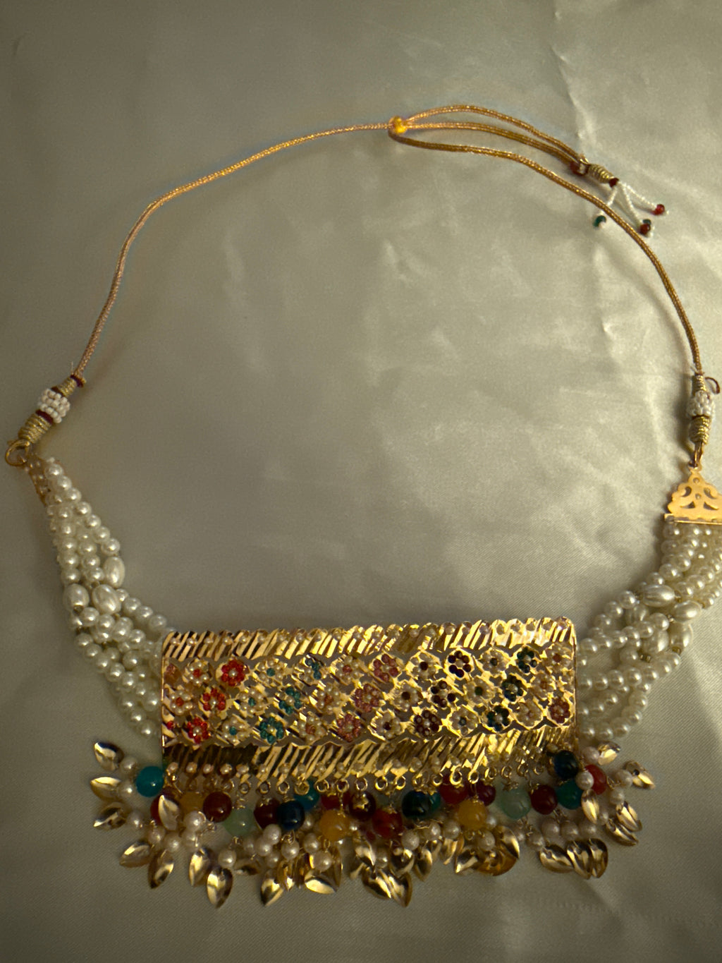 Gold Statement Necklace with Pearl & Colorful Bead Accents