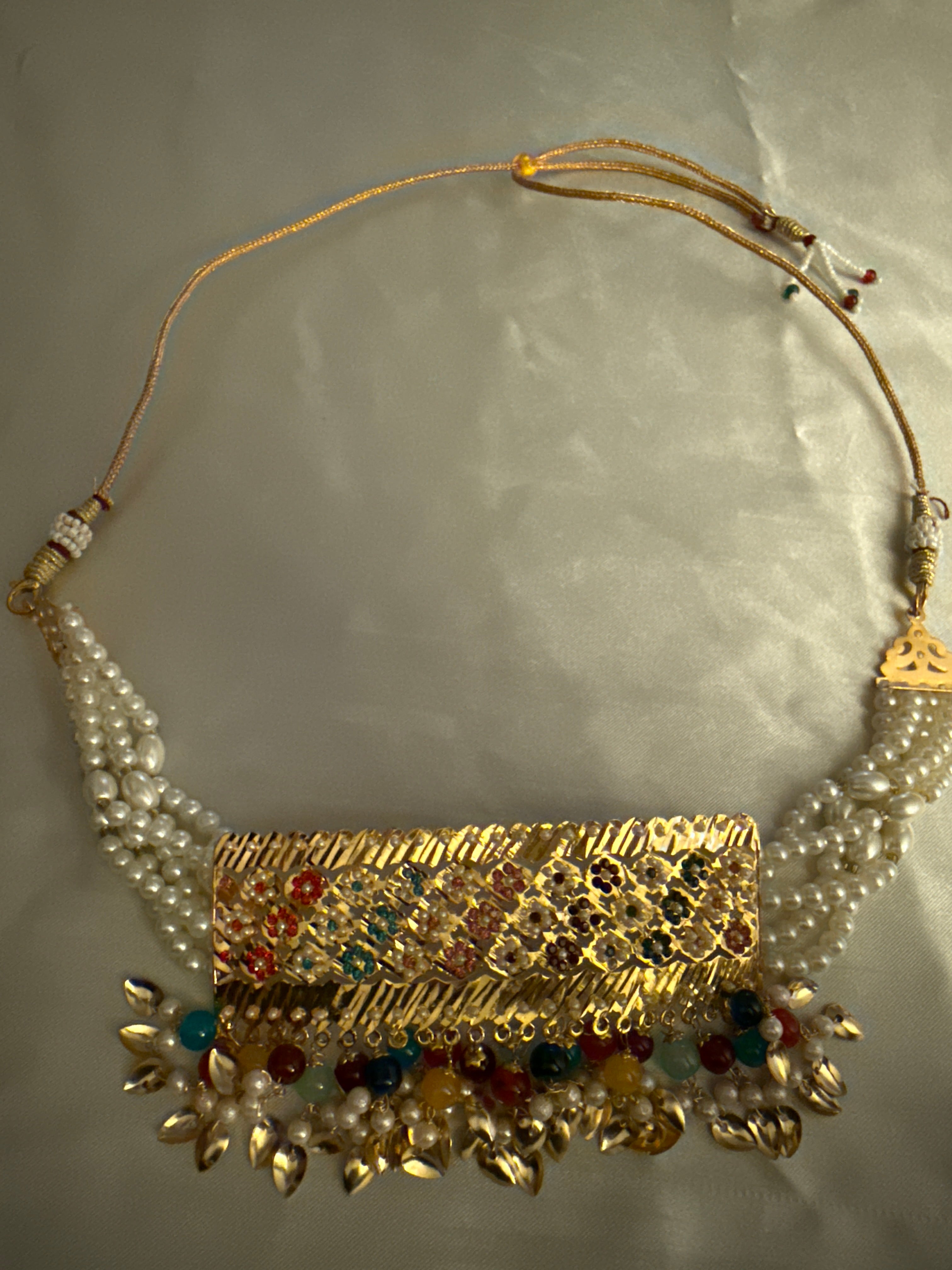 Gold Statement Necklace with Pearl & Colorful Bead Accents