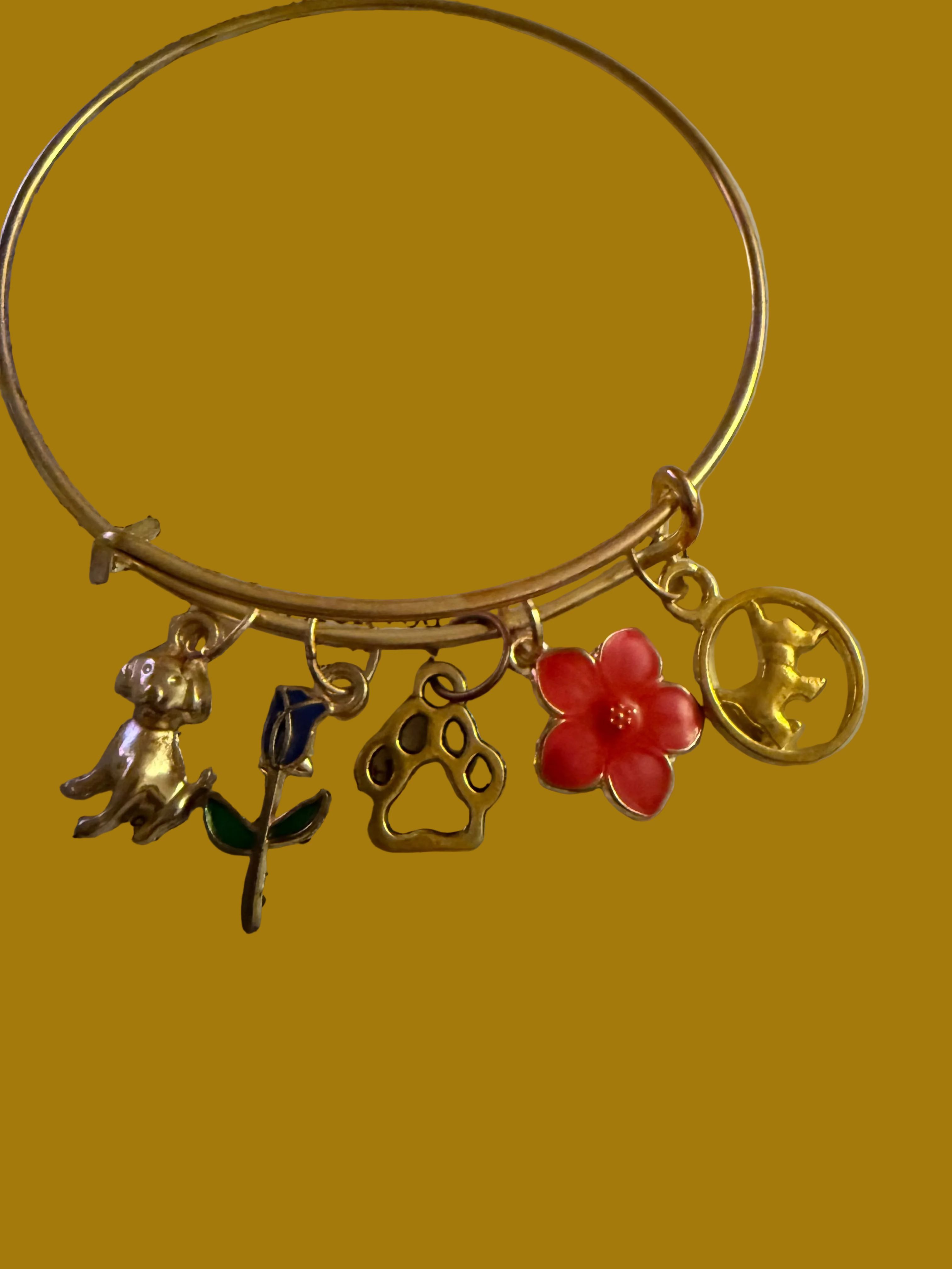 Gold Faith & Floral Charm Bangle Bracelet