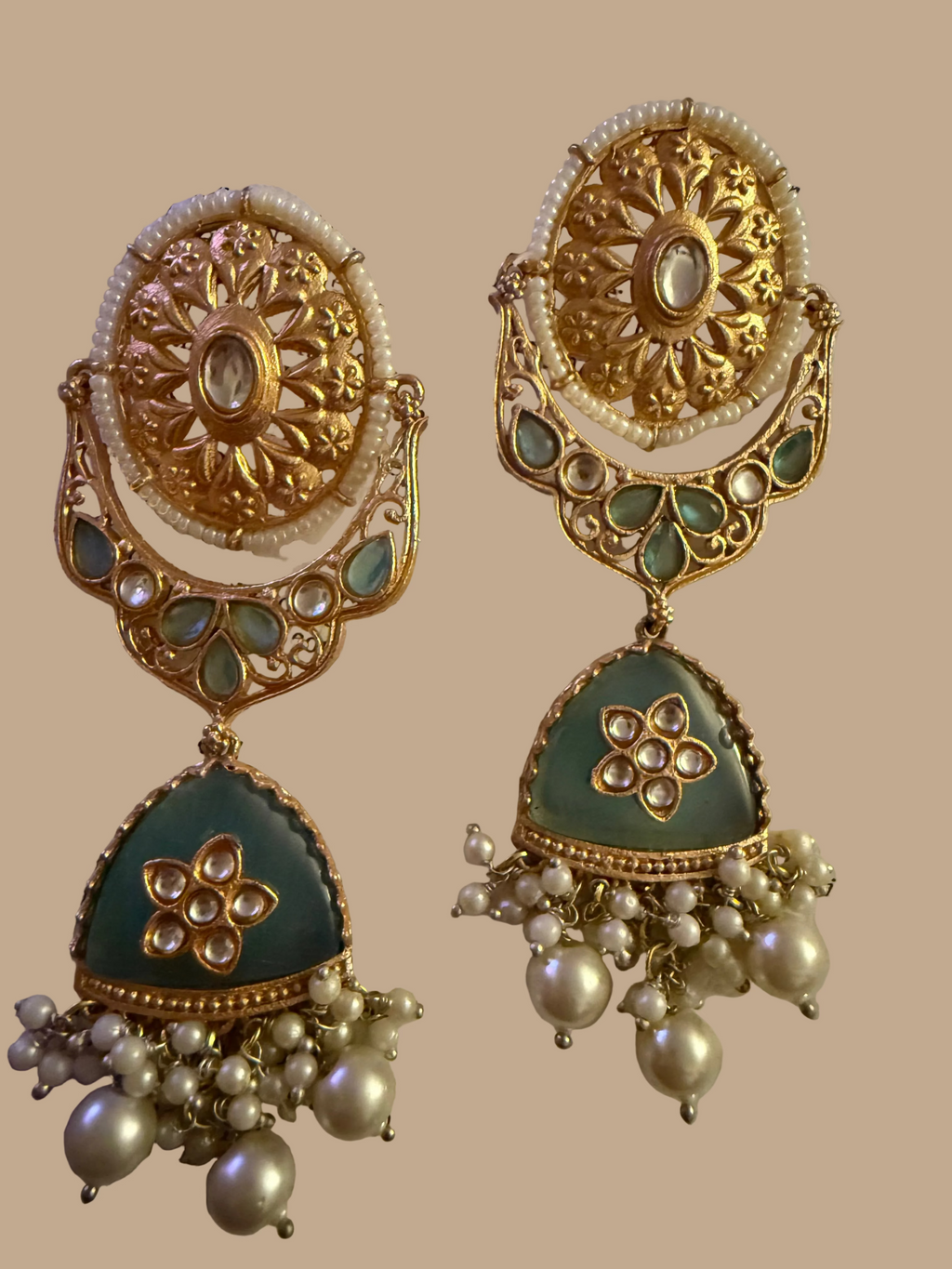 Sage Green Pearl Jhumka Earrings