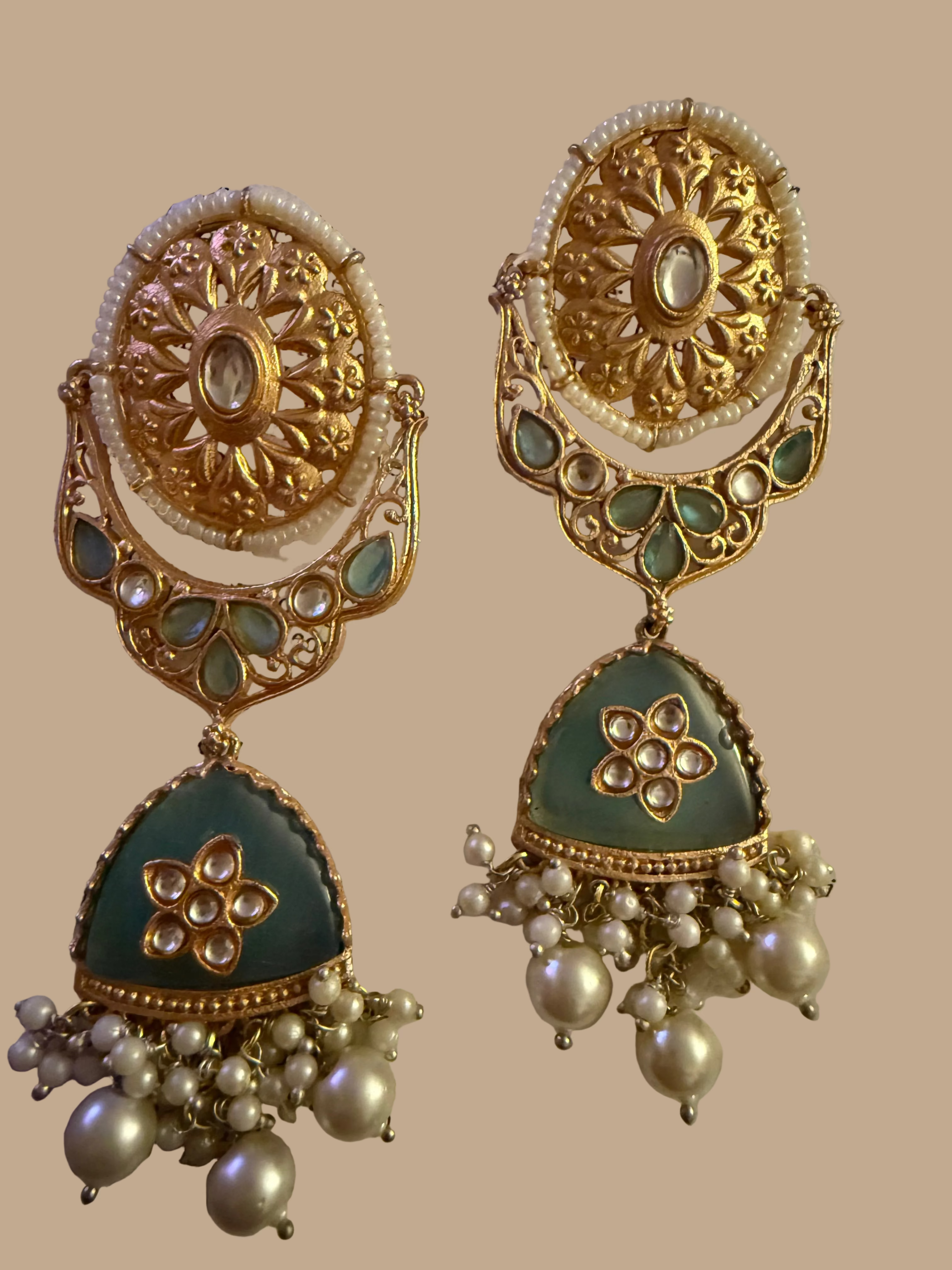 Sage Green Pearl Jhumka Earrings