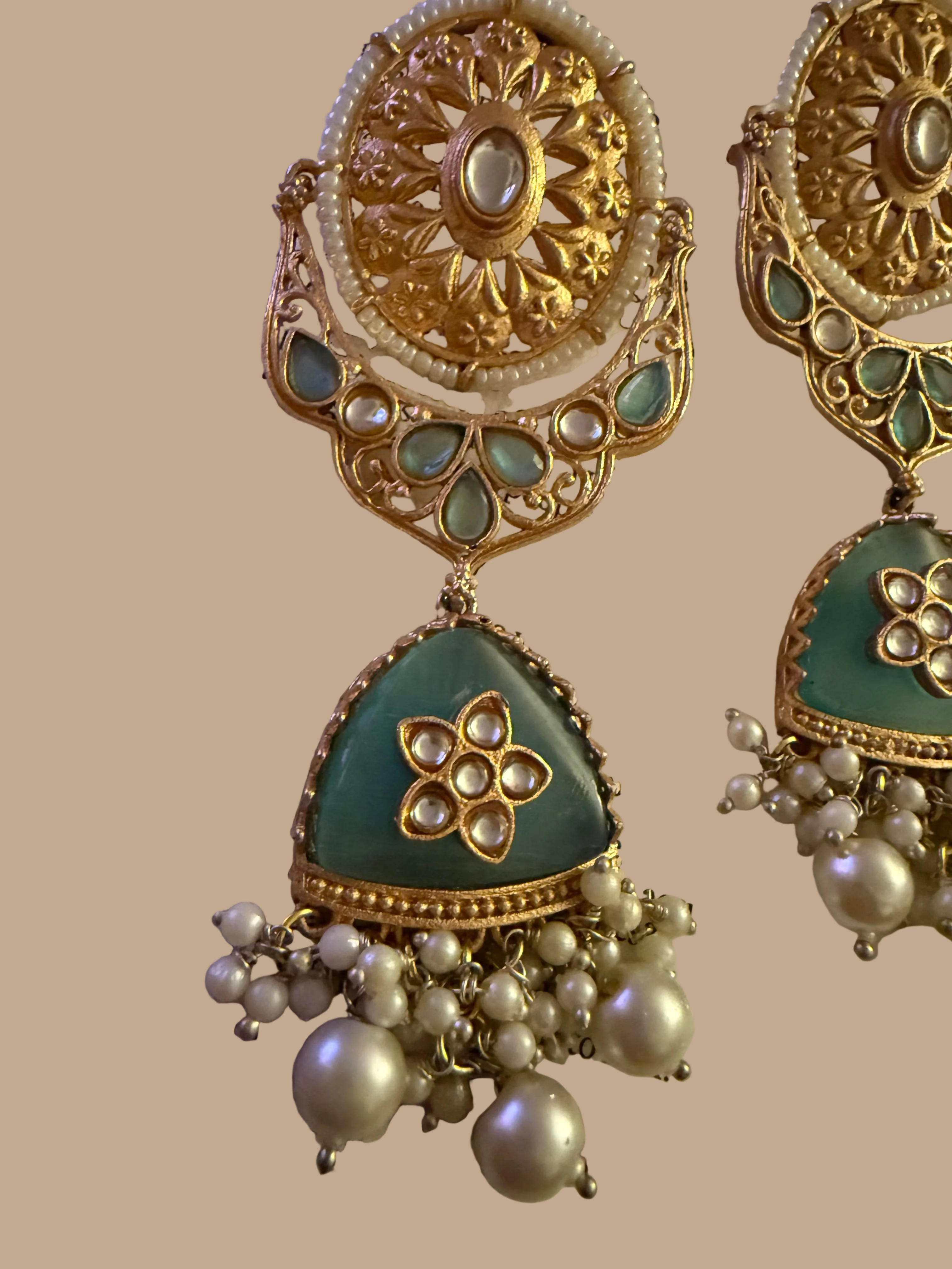 Sage Green Pearl Jhumka Earrings